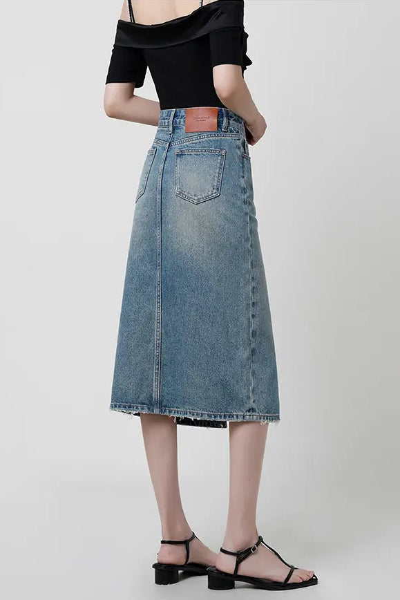 Vintage Wash Midi Skirt with Front Slit