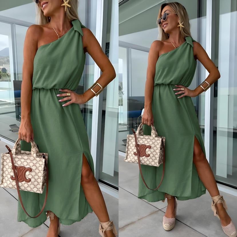 Women's One-Shoulder Maxi Dress – Asymmetrical Neckline, Side Slit, Waist Tie-83342-4a466b68-4714-4151-8f0a-3a58835f207b