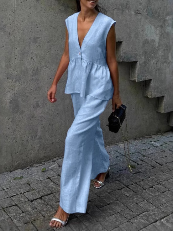 Basicfold Women's Linen Two-Piece Set – Sleeveless V-Neck Top & Wide-Leg Pants-83272-4ab44557-d8ed-4597-9d20-fd4405e2063a