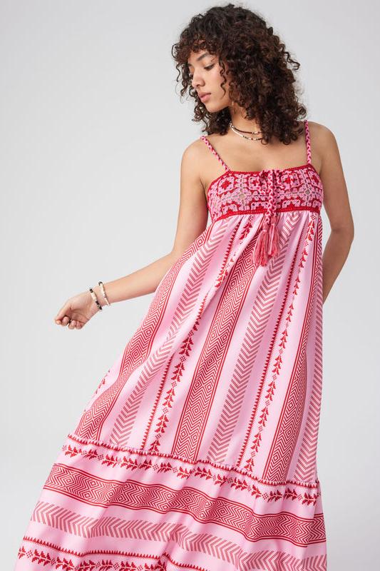 Bohemian Embroidered Maxi Dress - Tiered Skirt