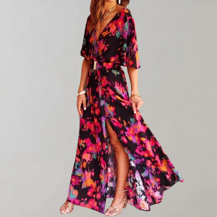 V-Neck Maxi Dress – High Slit, Cinched Waist