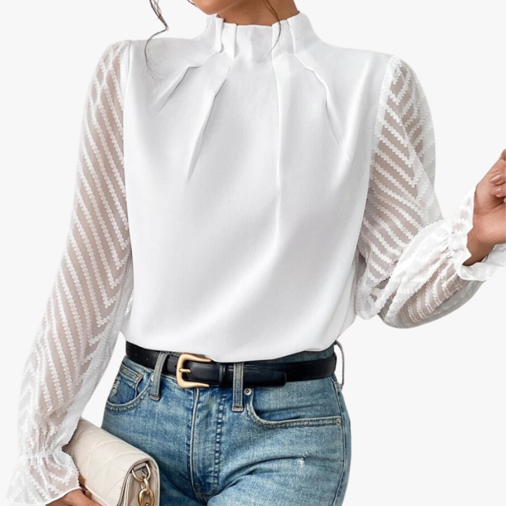 High Neck Blouse - Sheer Chevron Sleeves
