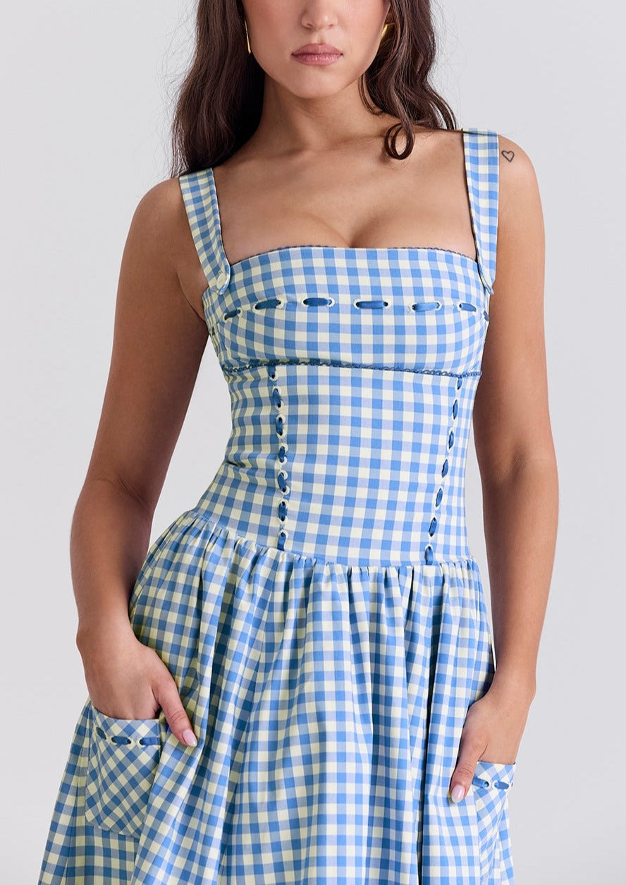 Women's Gingham Dress – Square Neck, Button Front, Classic Style-83592-4fdb9d00-b93d-4ace-bf13-3d9613a8dbc4