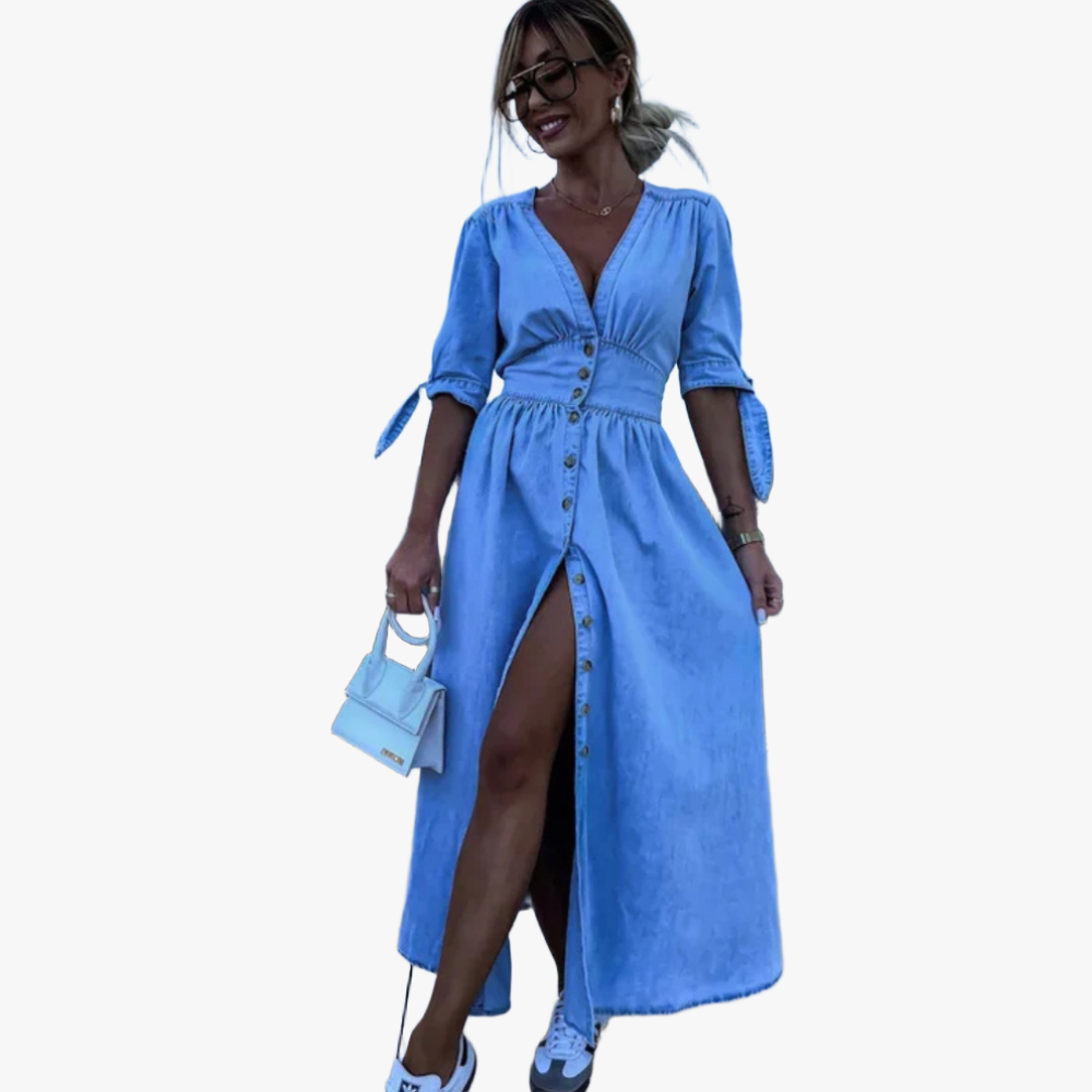 Denim Maxi Dress - V-Neck, Slit Detail