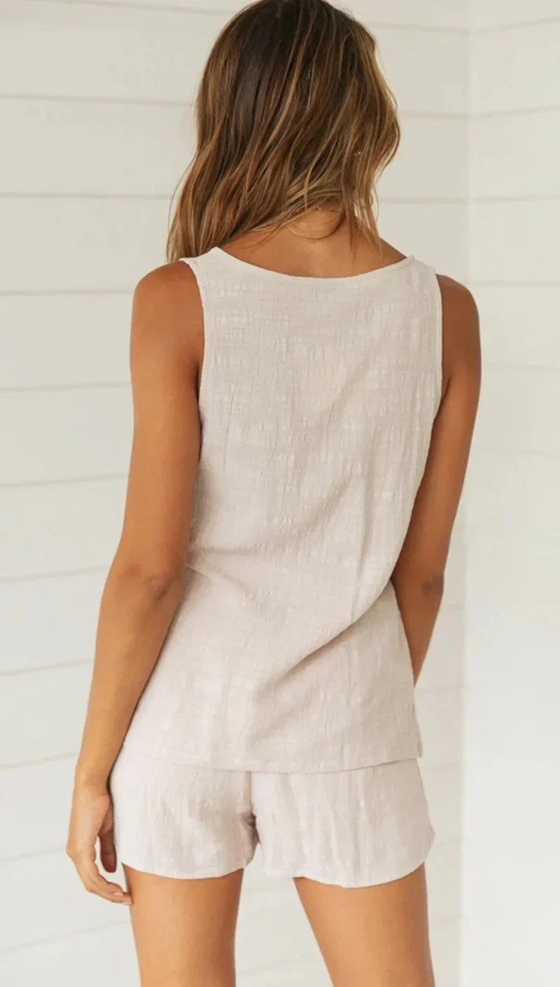 Linen Two-Piece Set - Button Top & Elastic Shorts