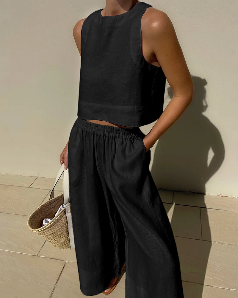Sleeveless Crop Top with Wide-Leg Pants