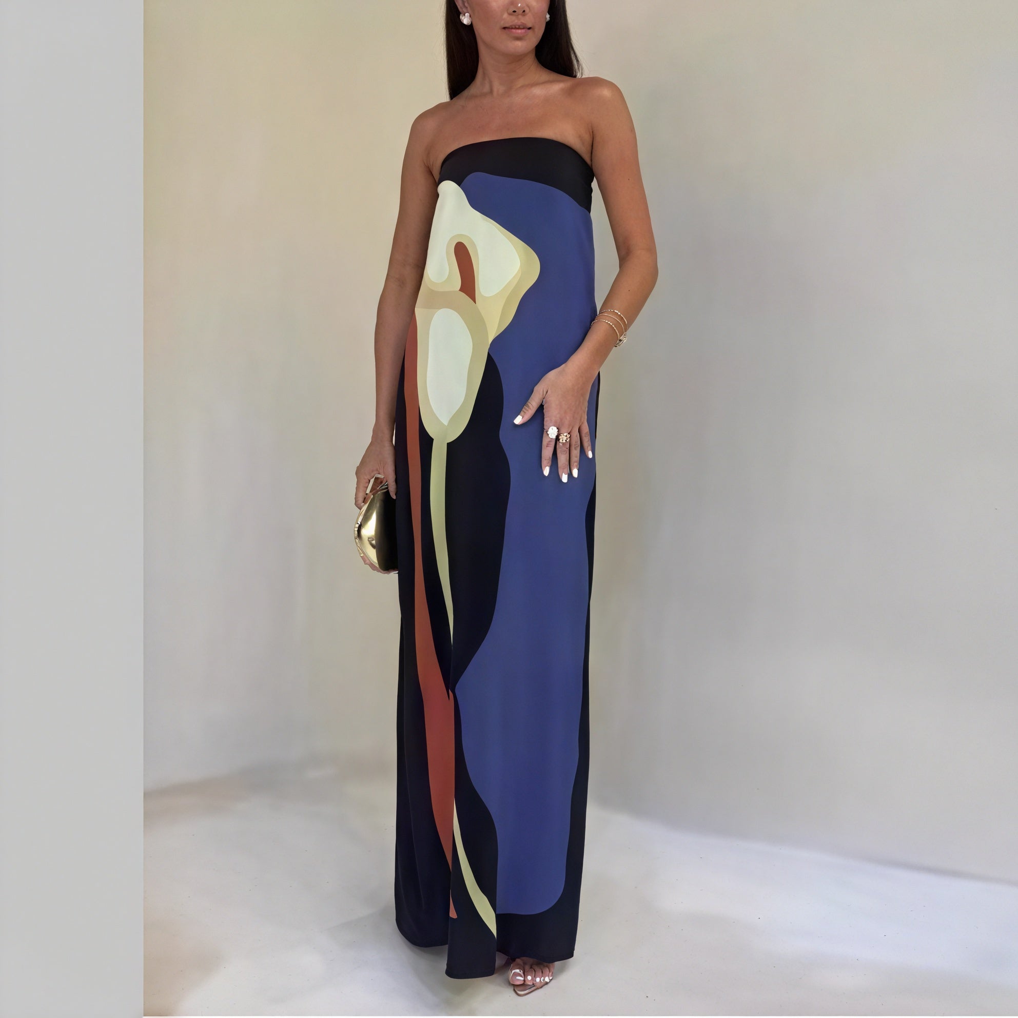 Abstract Print Strapless Floor-Length Dress