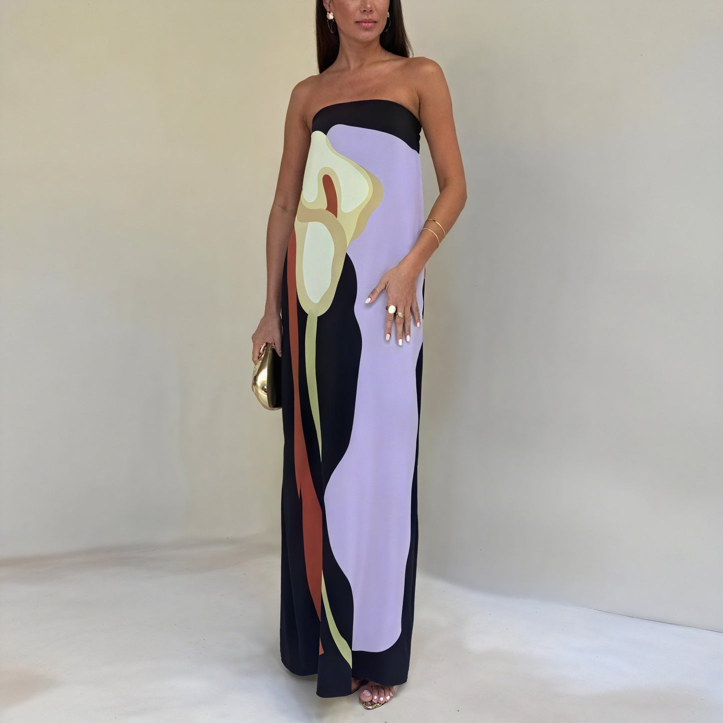 Abstract Print Strapless Floor-Length Dress