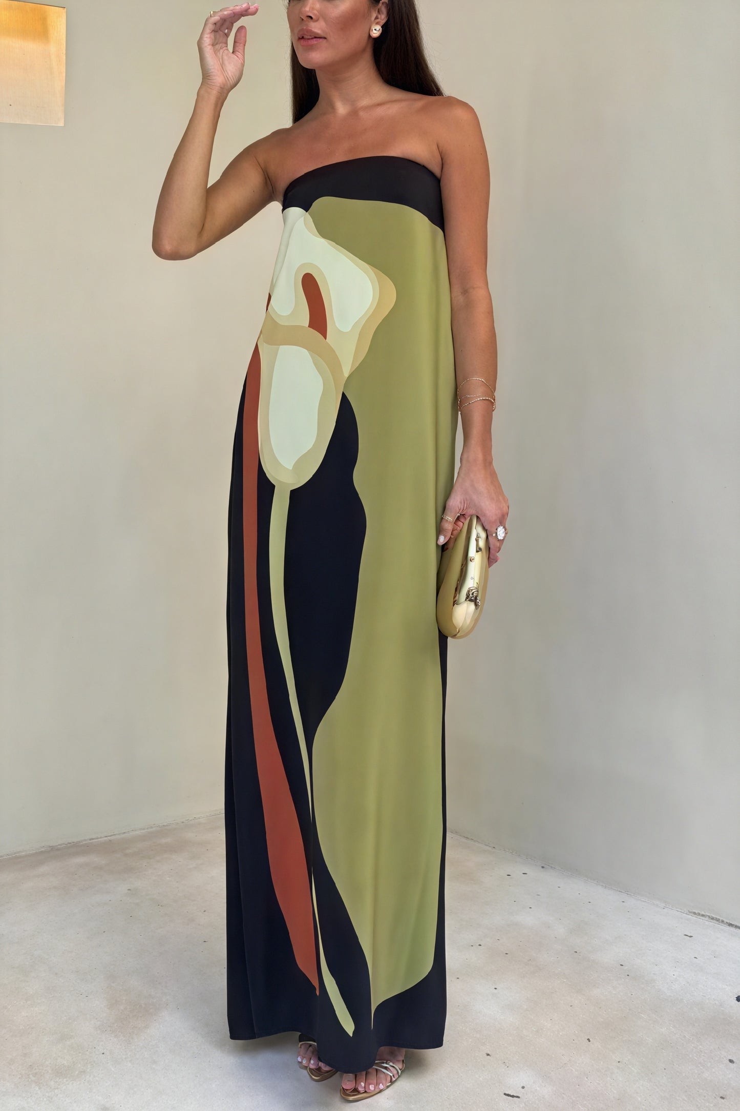 Abstract Print Strapless Floor-Length Dress