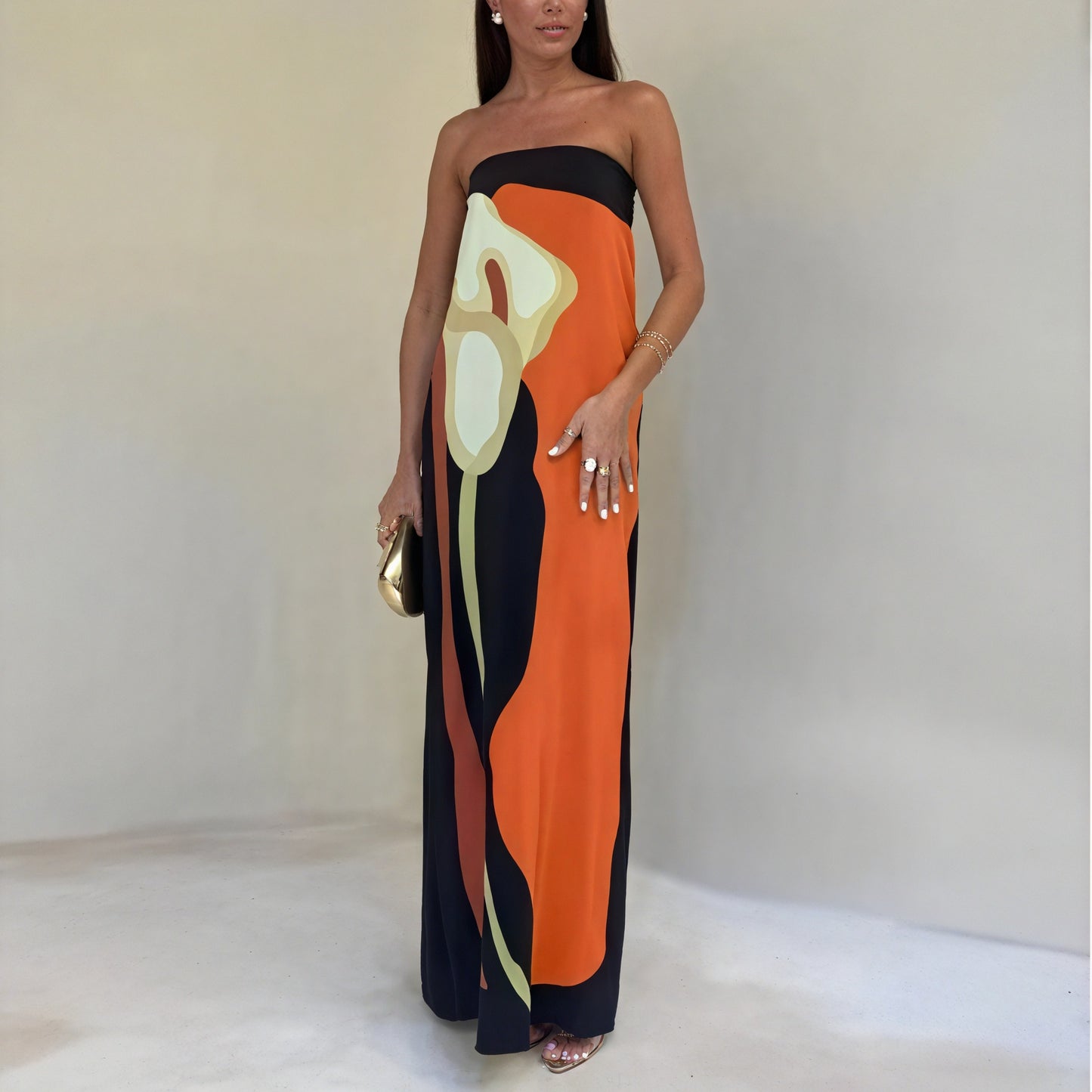 Abstract Print Strapless Floor-Length Dress