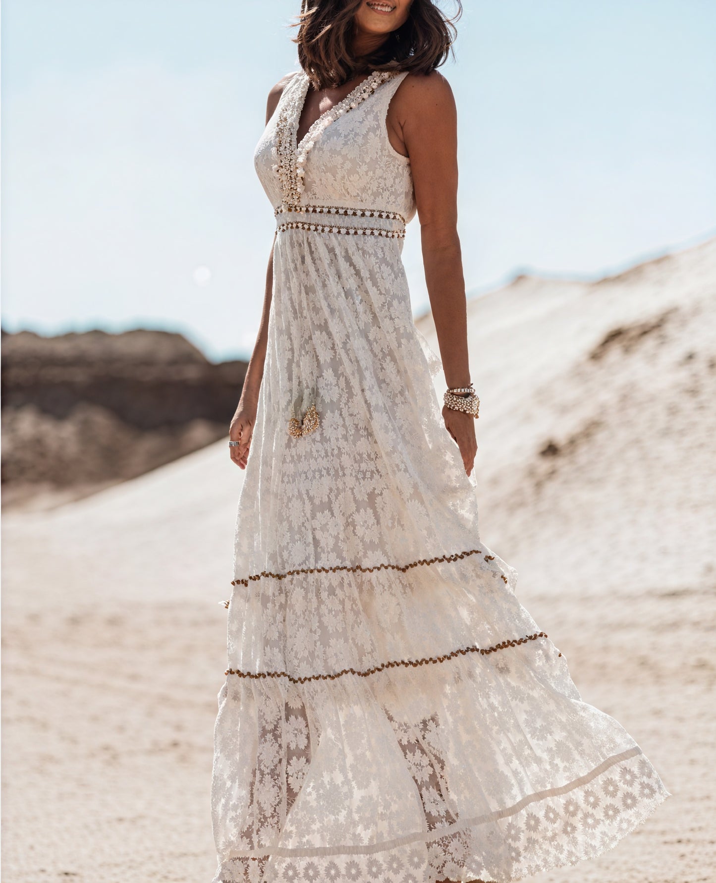 Lace Trim Midi Dress - Flowing Skirt