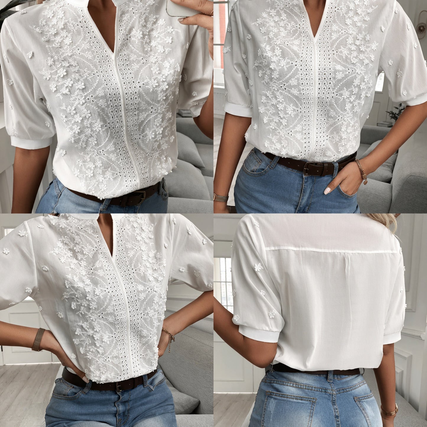 Embroidered Eyelet Blouse with Zipper