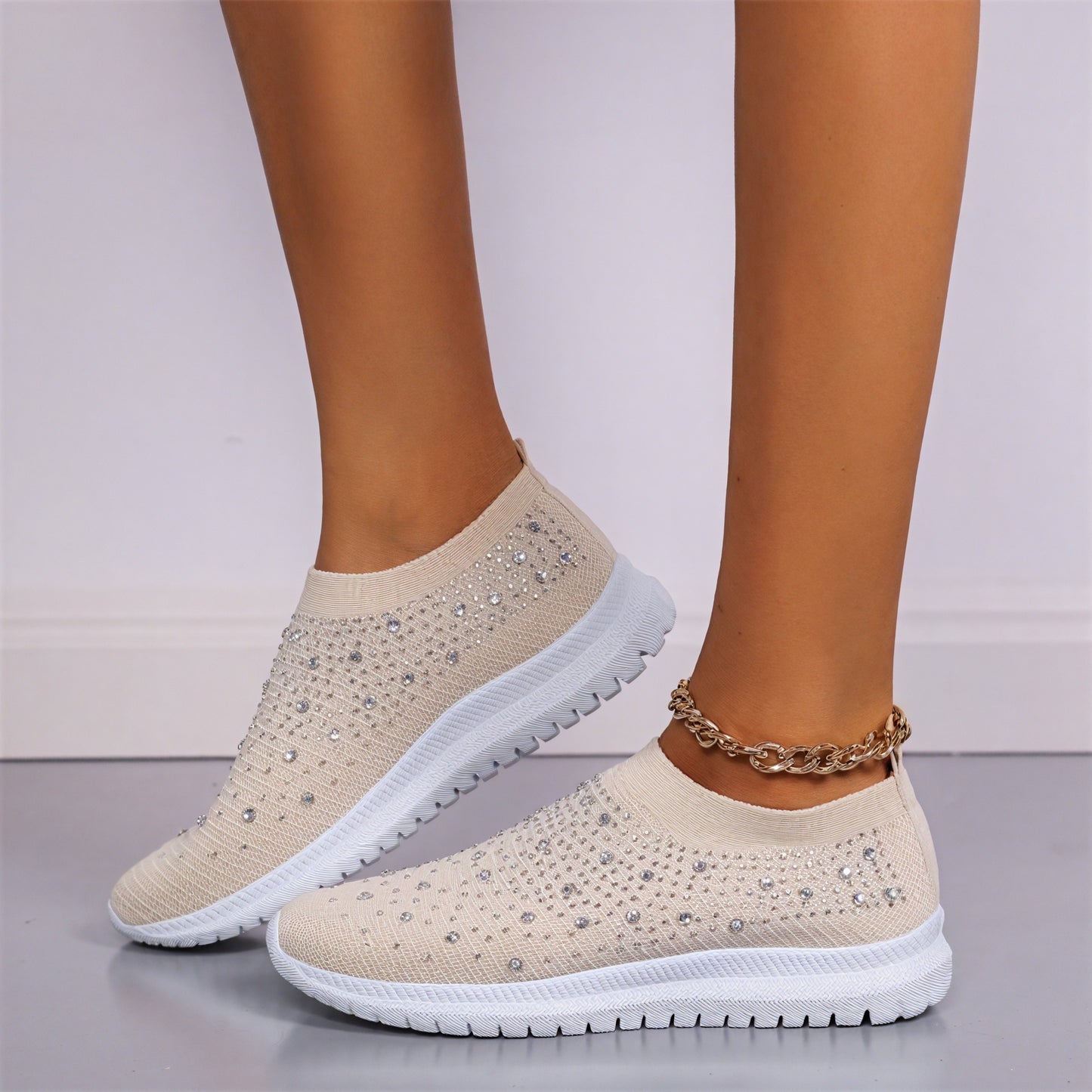 Rhinestone Knit Slip-On Sneakers