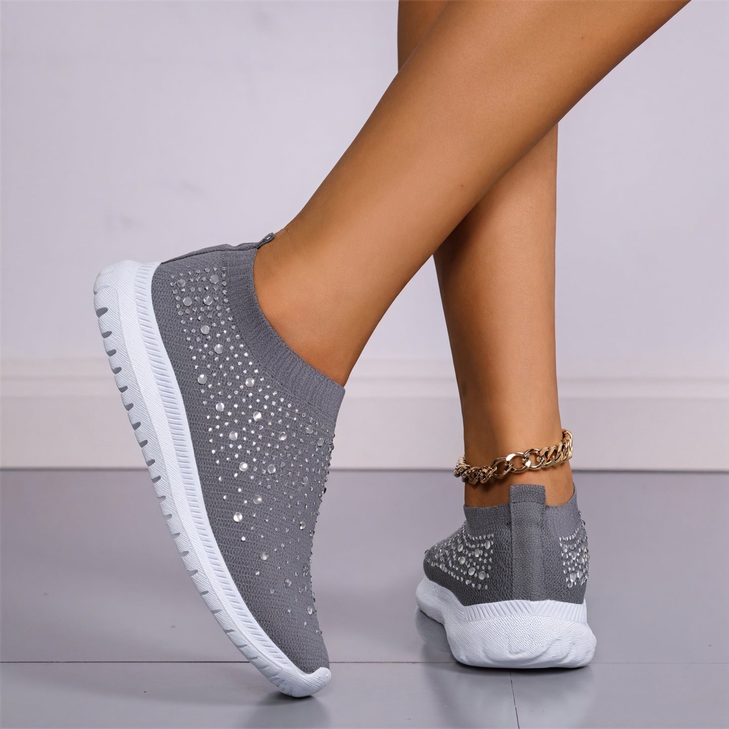 Rhinestone Knit Slip-On Sneakers