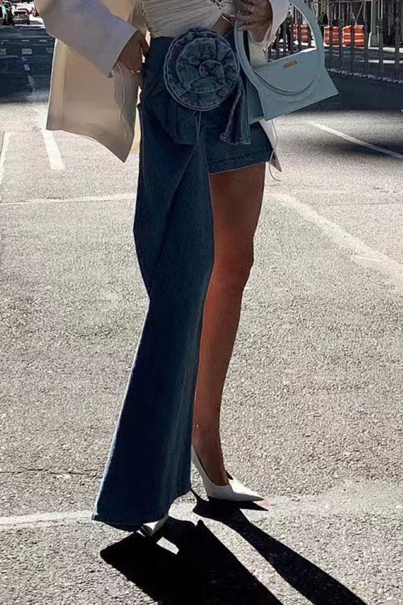 Denim Flower Mini Skirt - Asymmetrical Design
