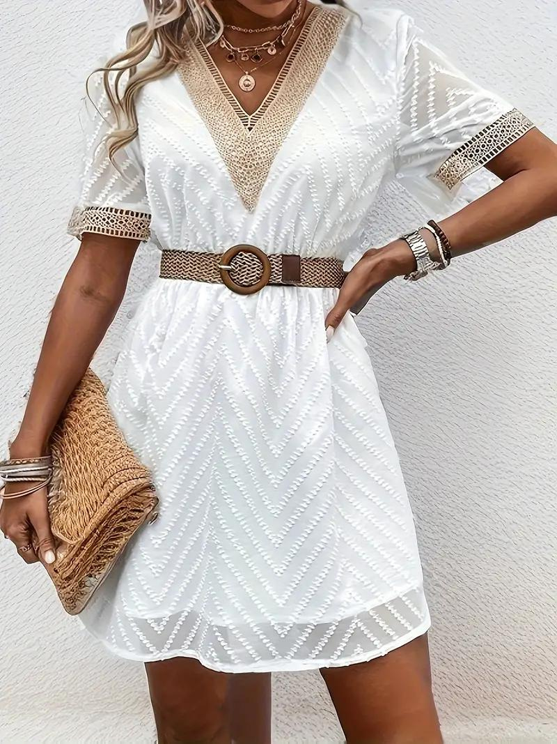 Women's White Embroidered V-Neck Dress – Short Sleeve, Elastic Waist, Lightweight-82469-5373e82d-212f-4003-b159-d5c8cf73e9e2