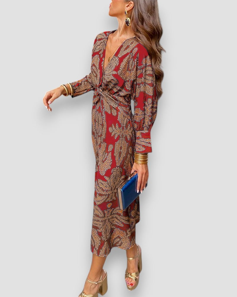 Women's Printed V-Neck Long Sleeve Dress with Knot Waist Detail-83293-5461d593-785a-4777-8474-57faeff54d33