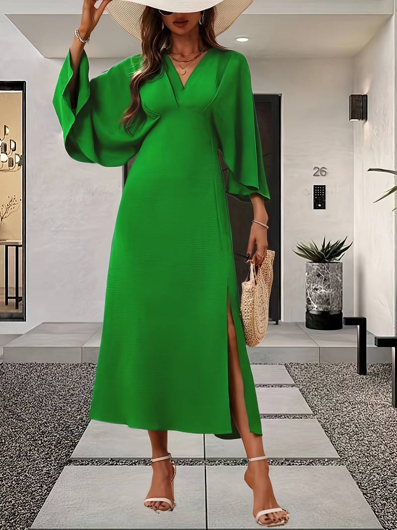 Bell Sleeve Dress - V-Neck Midi with Slit