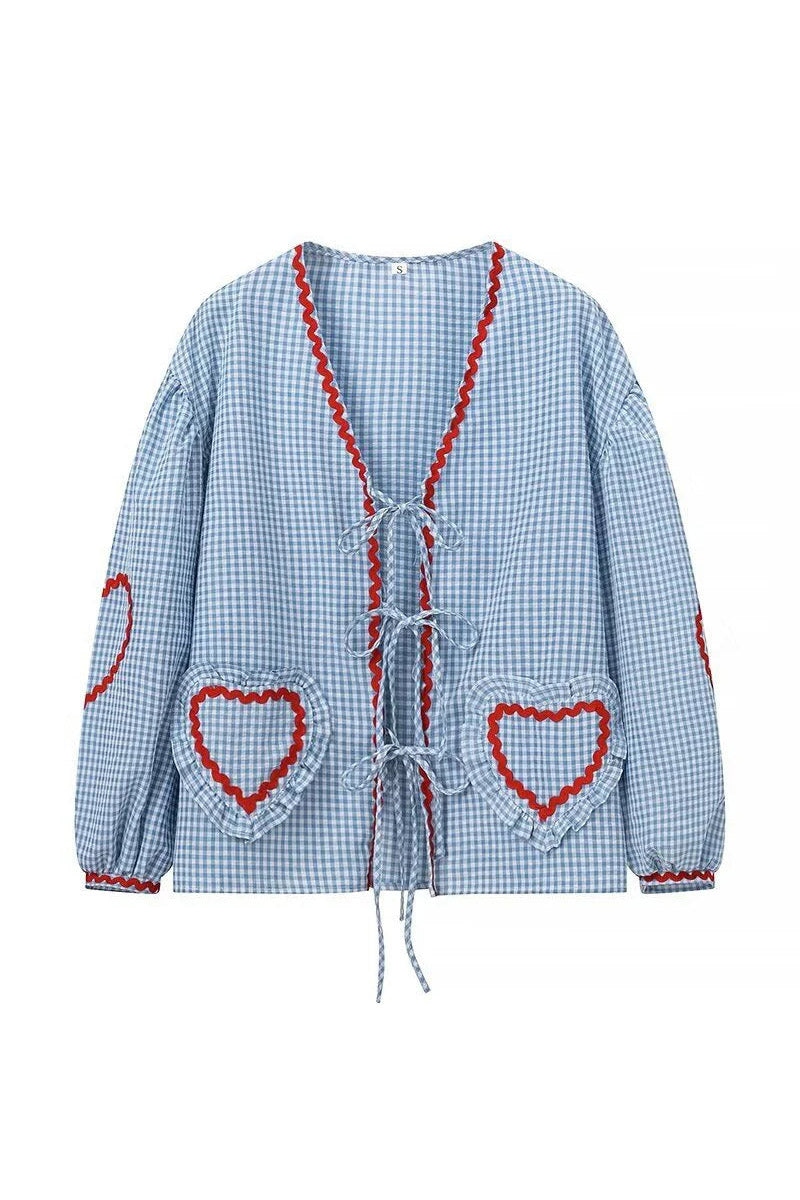 Women's Gingham Blouse – Heart-Shaped Pockets, Red Trim, Tie-Front, Long Sleeve-83307-54f3a0d1-9fa1-42cc-9ee0-49ca009f5f1c