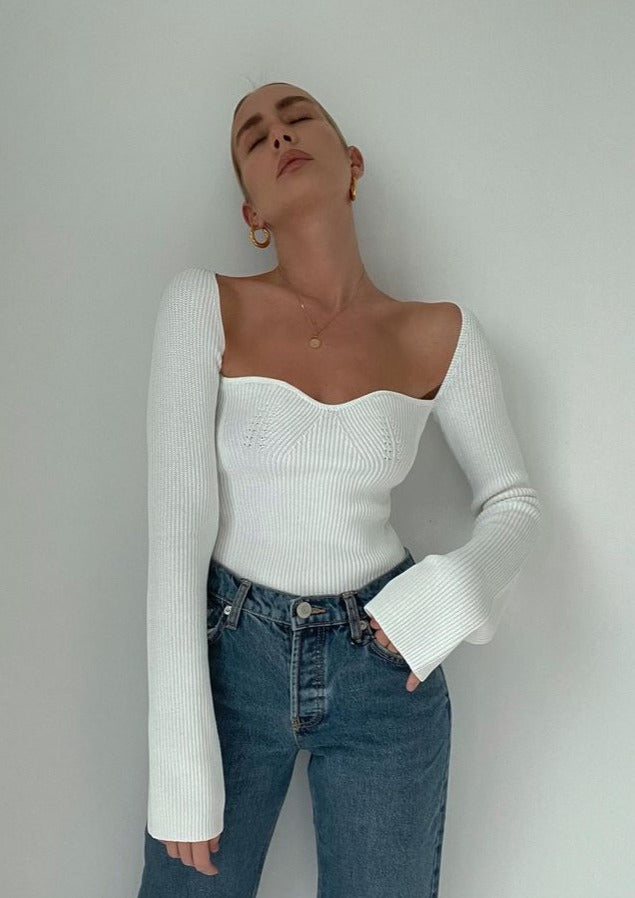 Ribbed Knit Top - Asymmetrical Hem, Long Sleeve