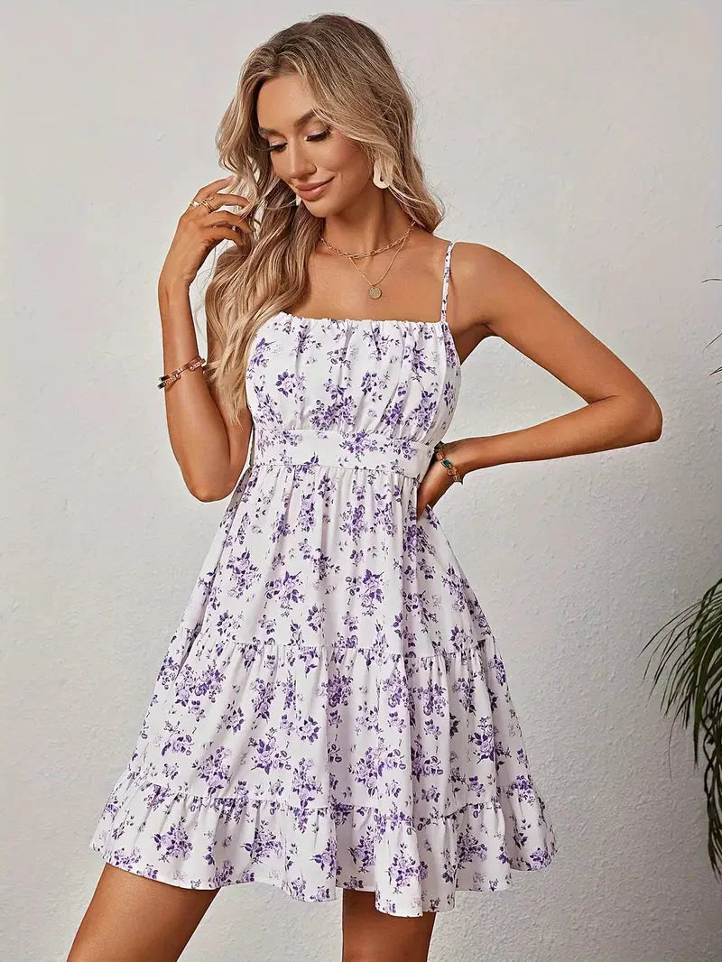 Floral Ruffled Summer Dress - Square Neck
