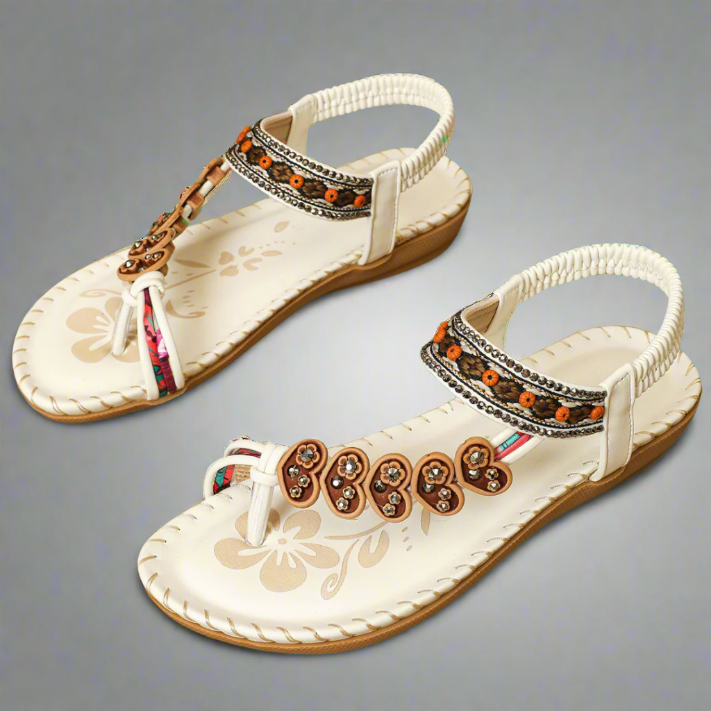 Women's Flat Sandals – Floral Bead T-Strap, Elastic Ankle-83364-55cd0626-5d3c-42cc-80b0-5948d50fcab1