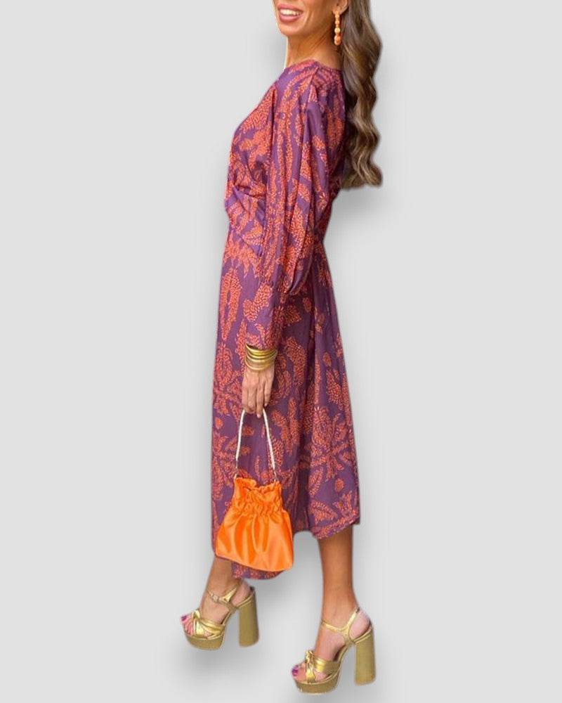 Women's Printed V-Neck Long Sleeve Dress with Knot Waist Detail-83293-5708eb56-5702-42cd-964b-8958ae70a4ed