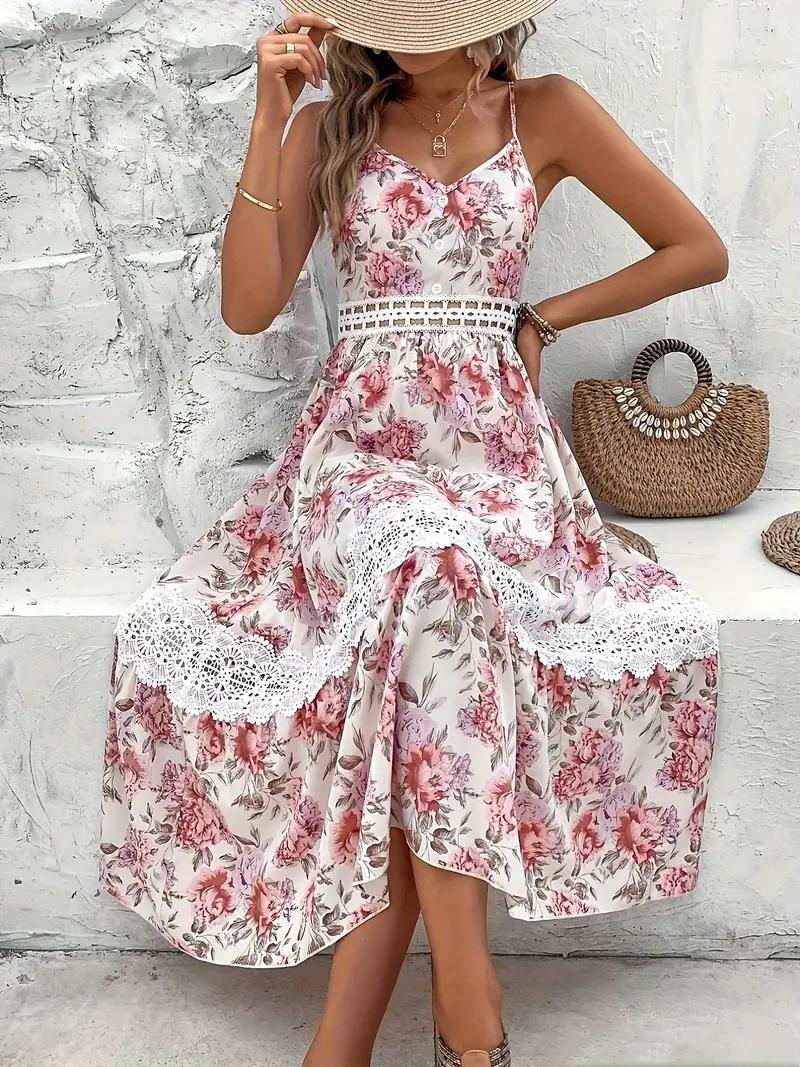 Floral Lace Midi Dress with V-Neck
