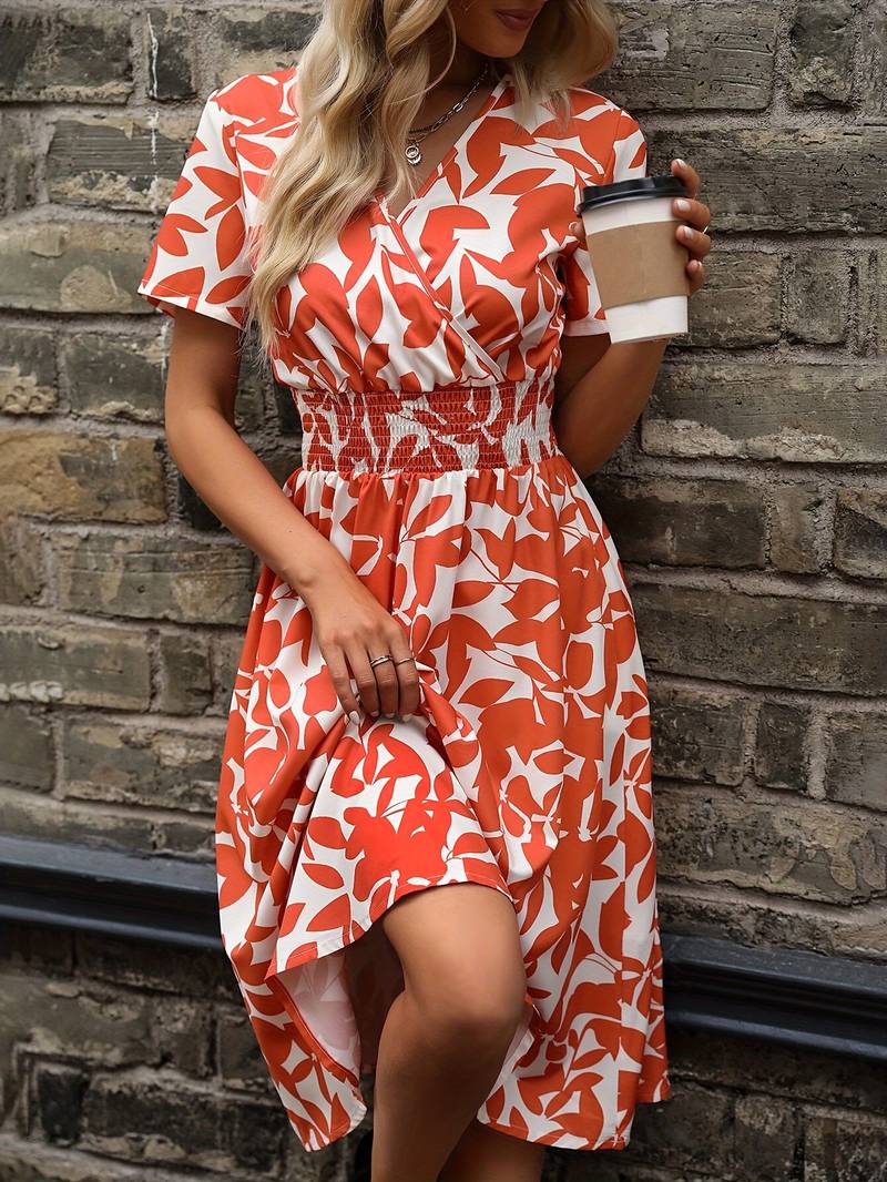 Floral Midi Dress - V-Neck & Elastic Waist