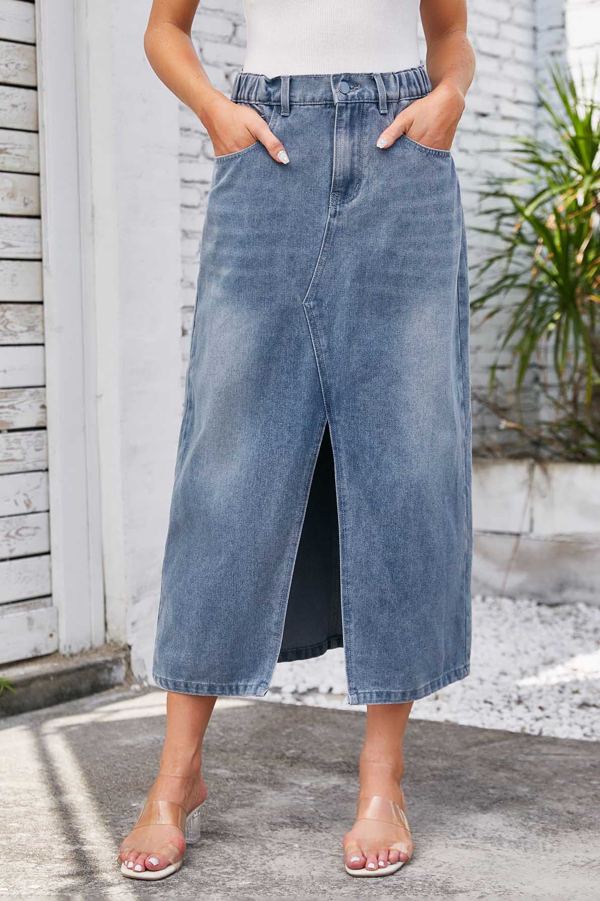 Denim Midi Skirt - Front Slit, High-Waisted