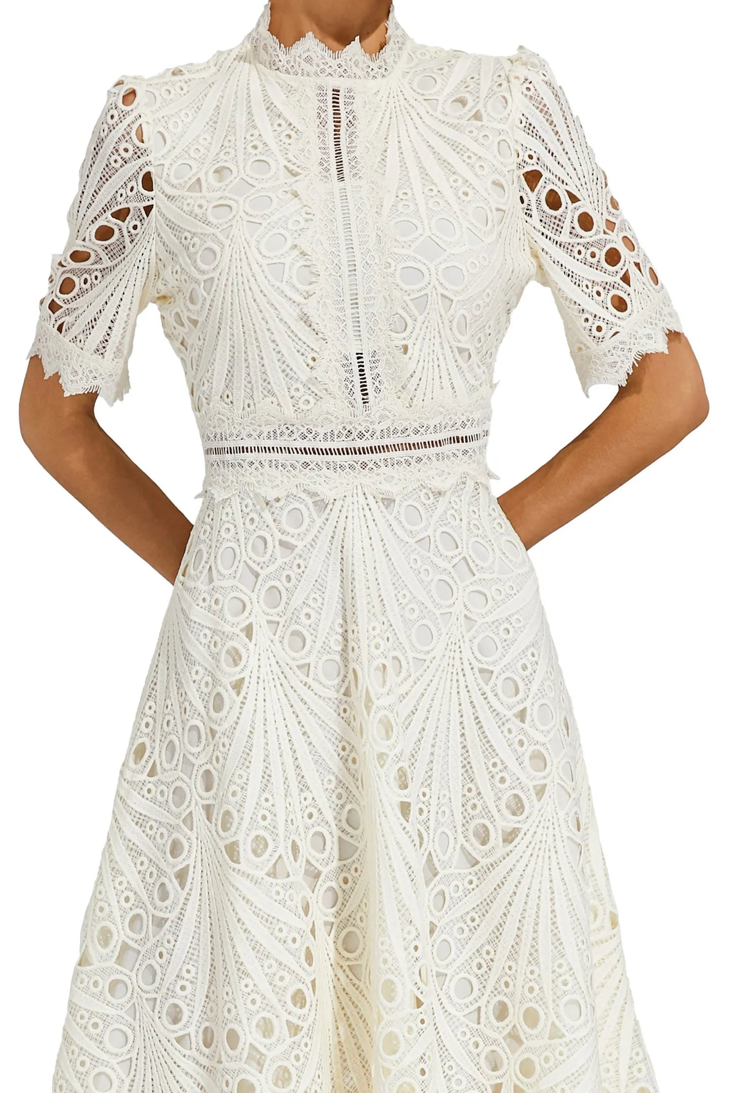 Women's Lace Midi Dress – High Neckline, Short Sleeve, Cut-Out Detail-83326-5bf43432-6b28-4780-ac74-7dee4c16a068