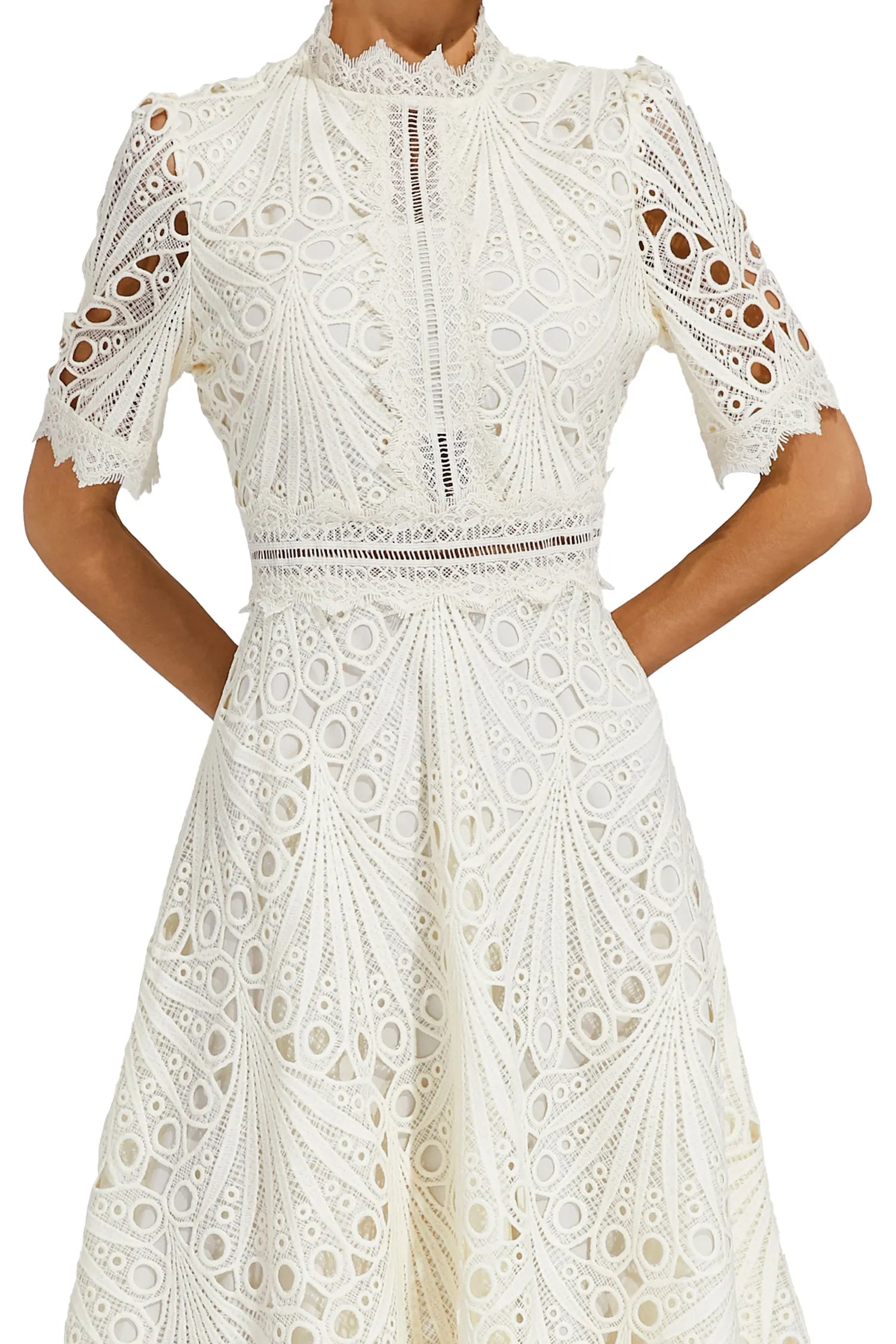 Women's Lace Midi Dress – High Neckline, Short Sleeve, Cut-Out Detail-83326-5bf43432-6b28-4780-ac74-7dee4c16a068
