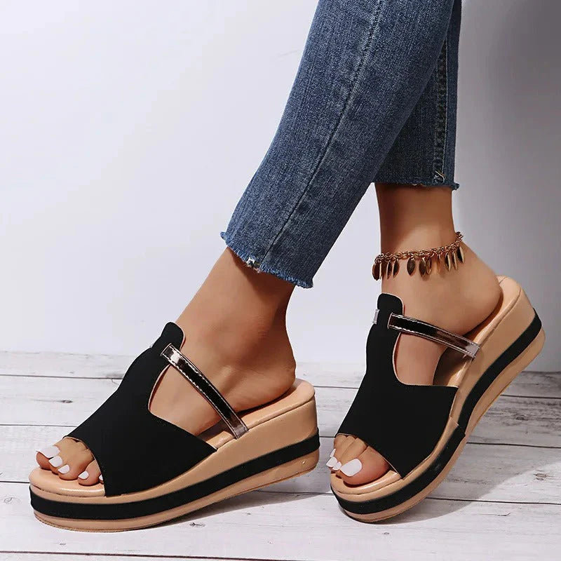 Platform Sandals - T-Strap, Metallic Detail
