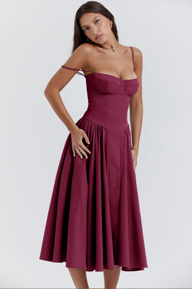 Women's Midi Dress – Pleated Skirt, Structured Bodice, Pockets-83506-5ec8a616-a471-4894-98b6-a1024b7fc681