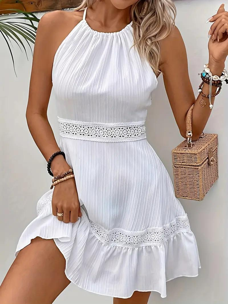 Lace Trim Halter Dress - Ruffled Hem