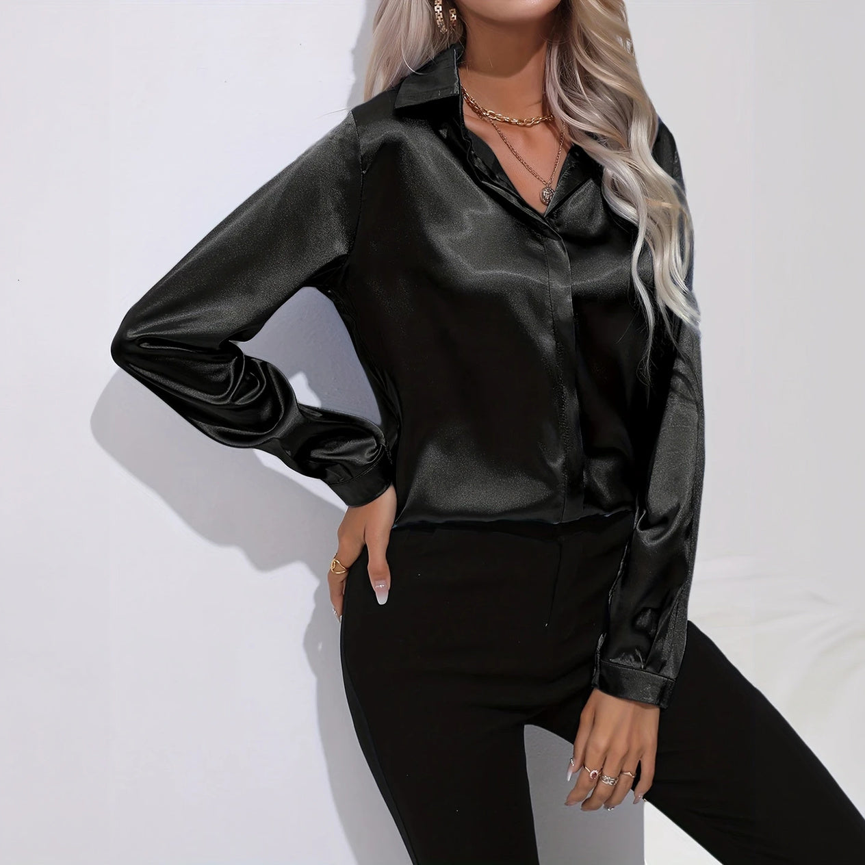 Satin Finish Button-Down - Tailored Blouse