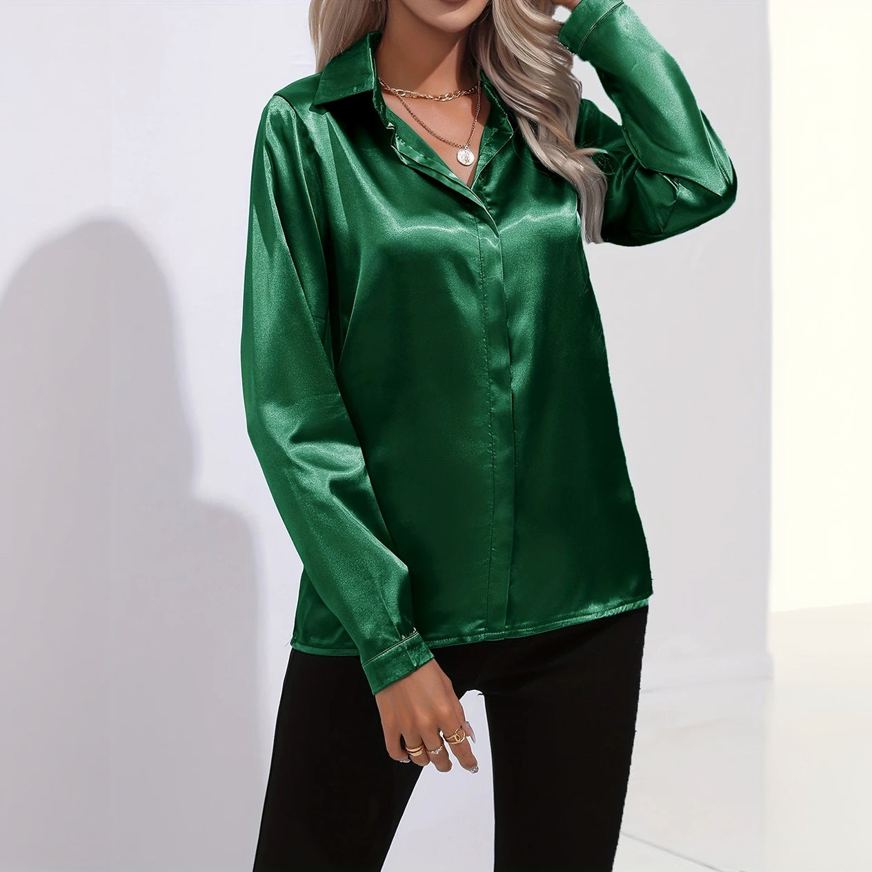 Satin Finish Button-Down - Tailored Blouse