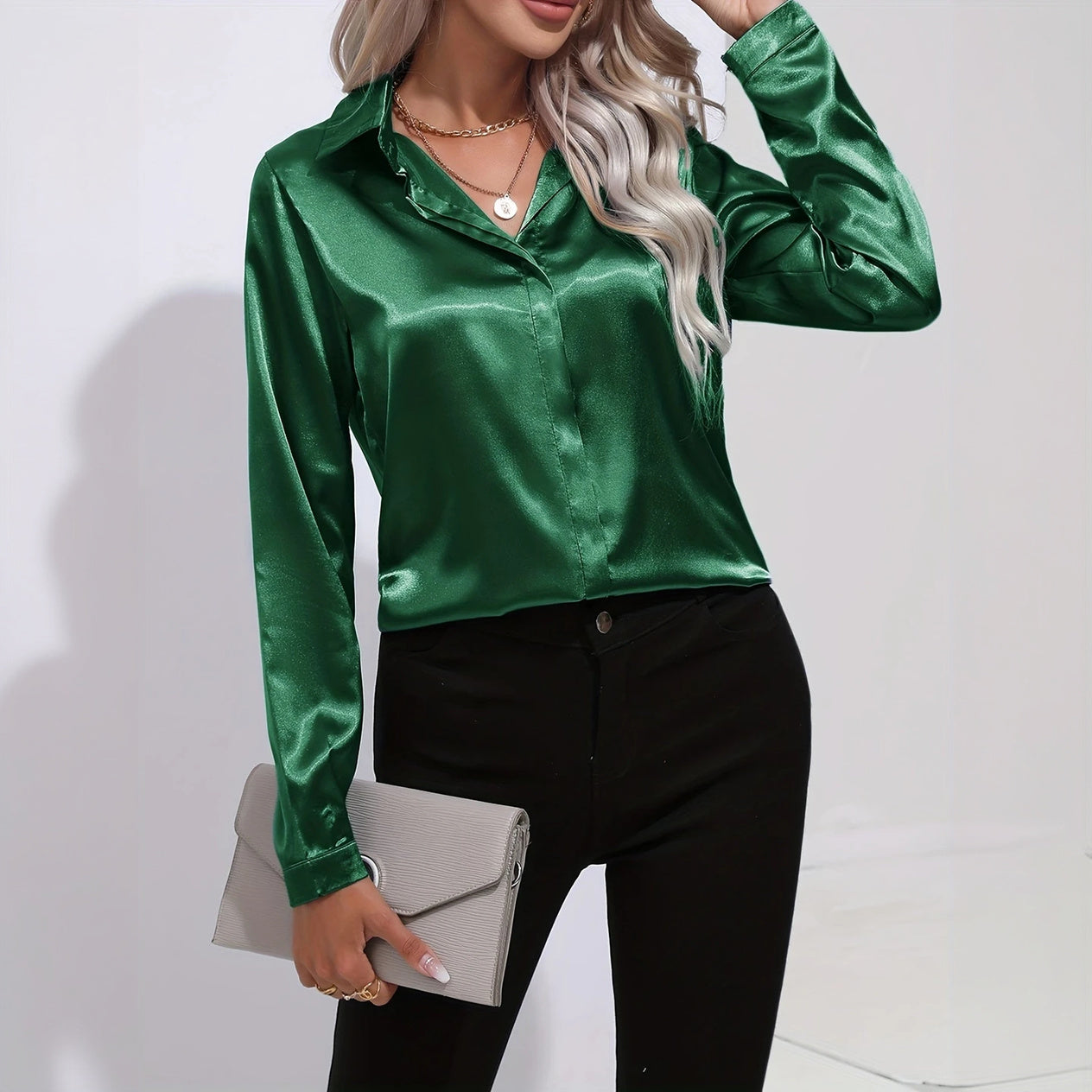 Satin Finish Button-Down - Tailored Blouse