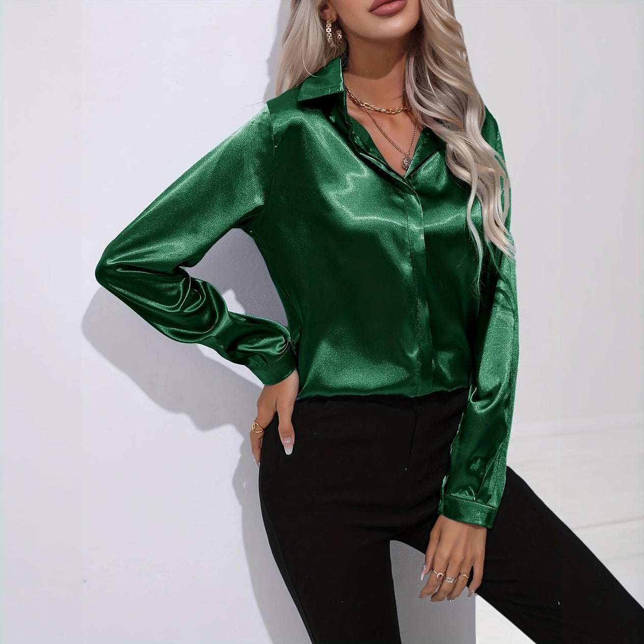 Satin Finish Button-Down - Tailored Blouse