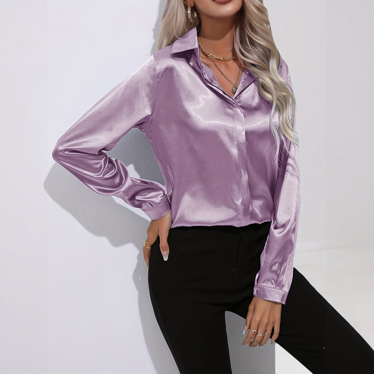 Satin Finish Button-Down - Tailored Blouse