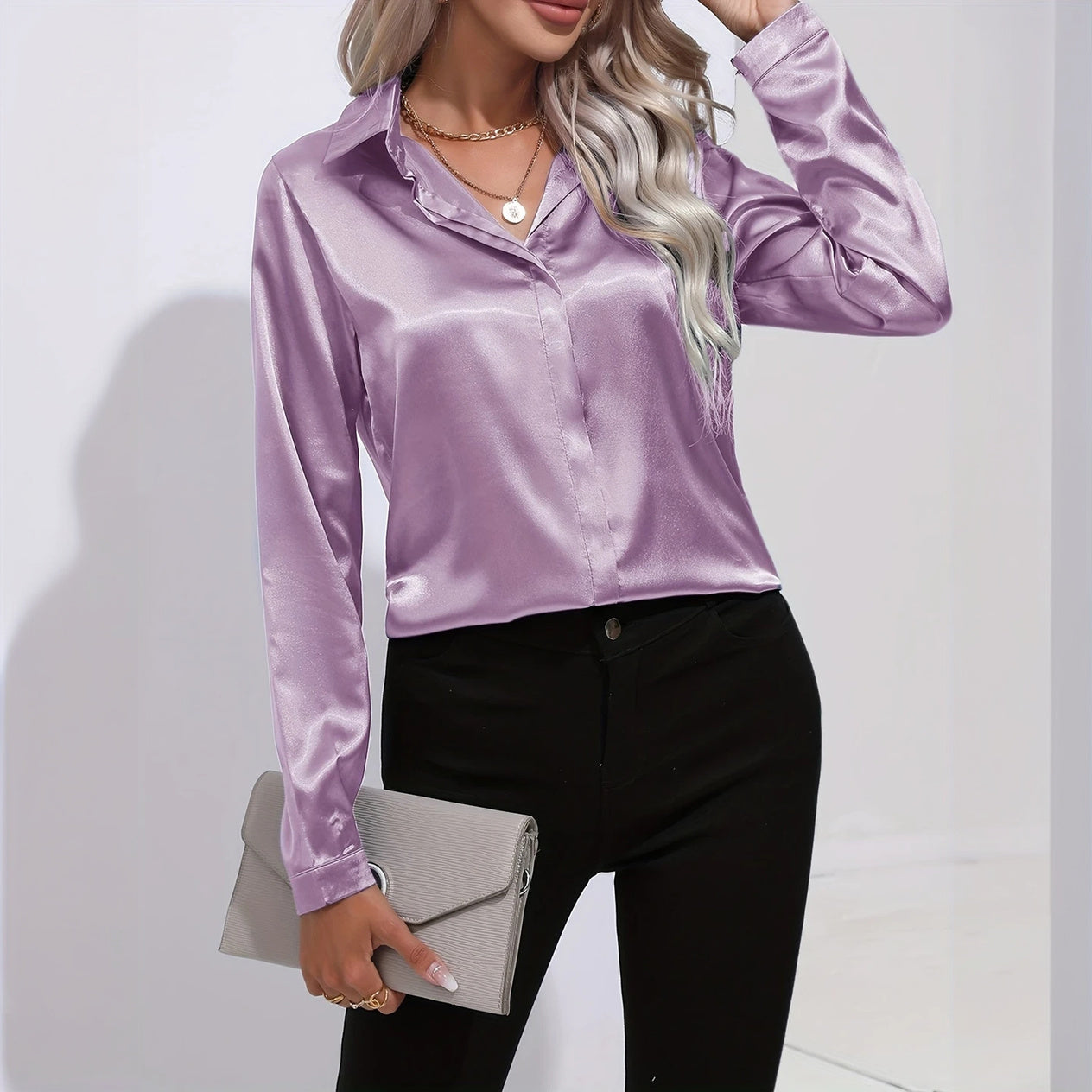 Satin Finish Button-Down - Tailored Blouse