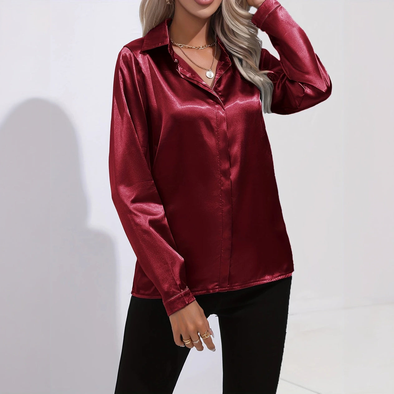 Satin Finish Button-Down - Tailored Blouse
