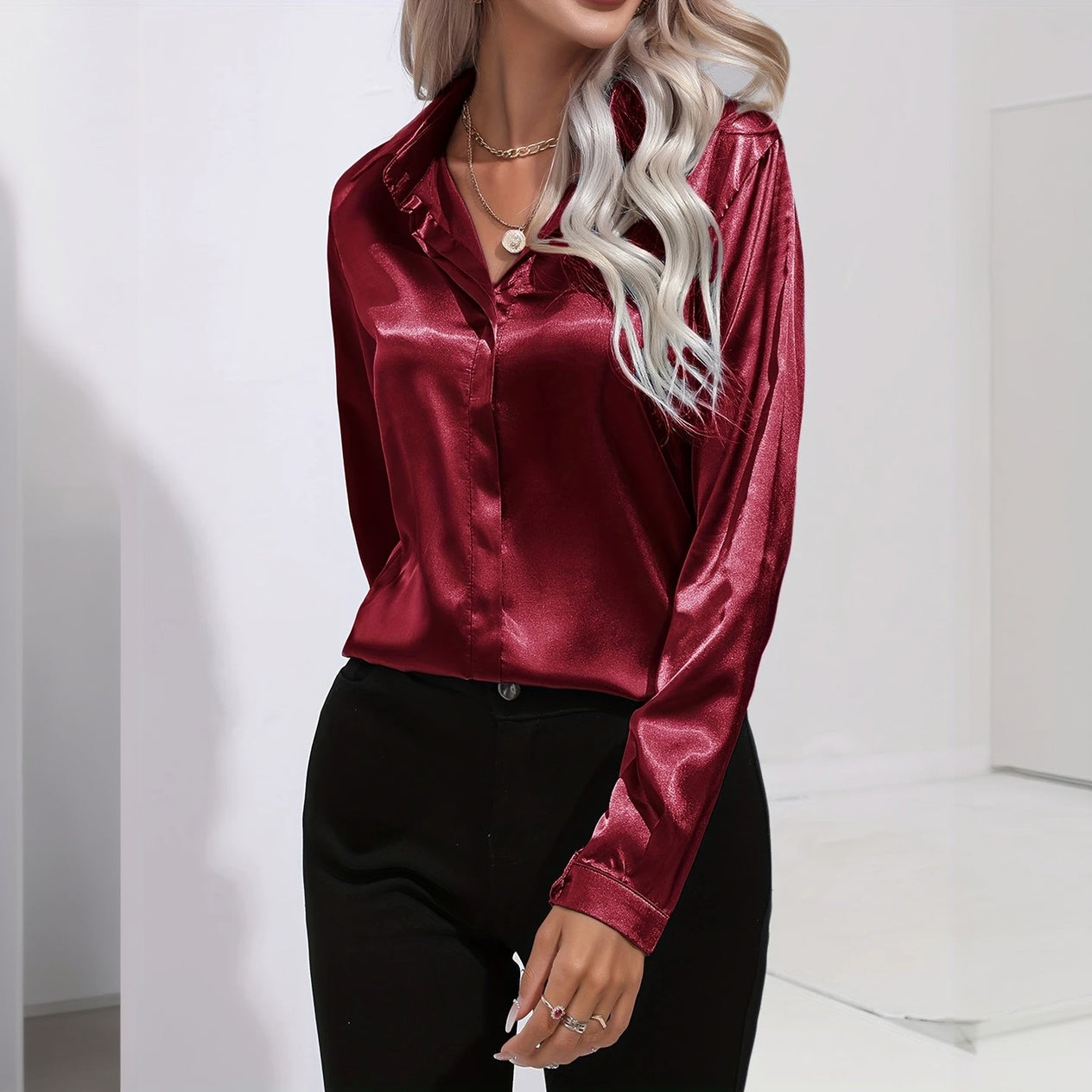 Satin Finish Button-Down - Tailored Blouse