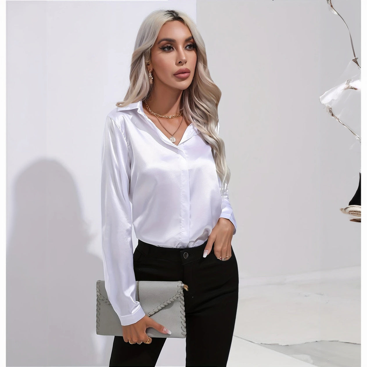 Satin Finish Button-Down - Tailored Blouse