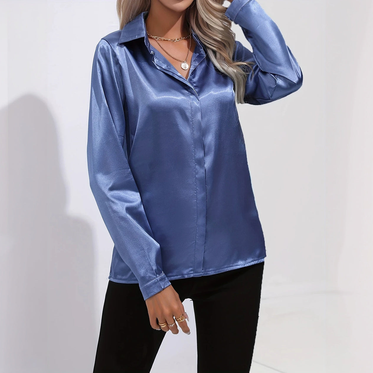 Satin Finish Button-Down - Tailored Blouse