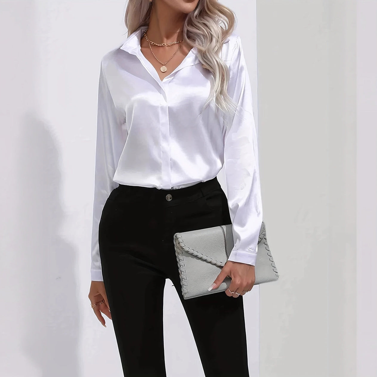 Satin Finish Button-Down - Tailored Blouse