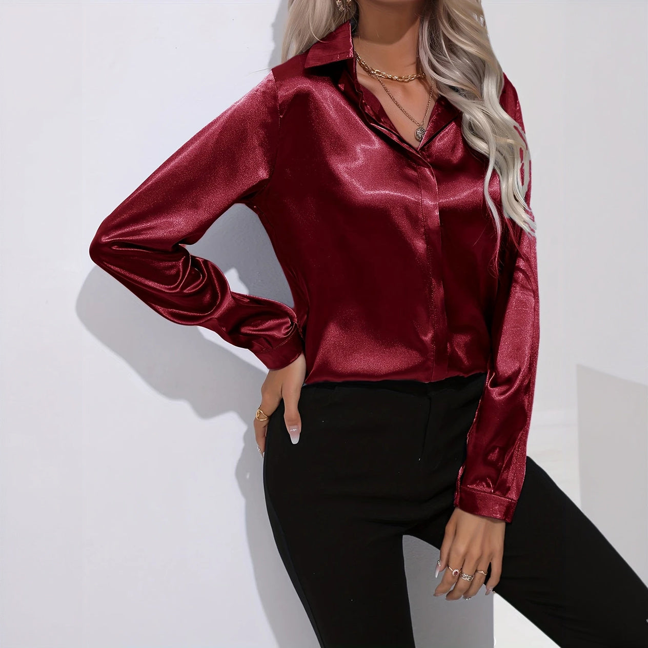 Satin Finish Button-Down - Tailored Blouse