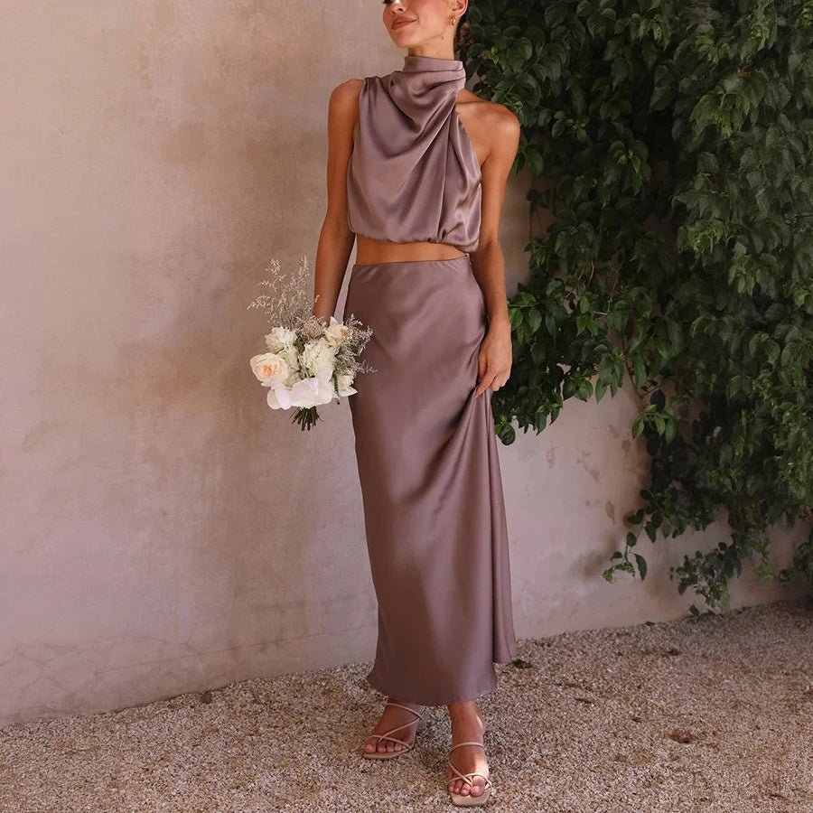 Halter Top Maxi Dress Set - Satin Finish
