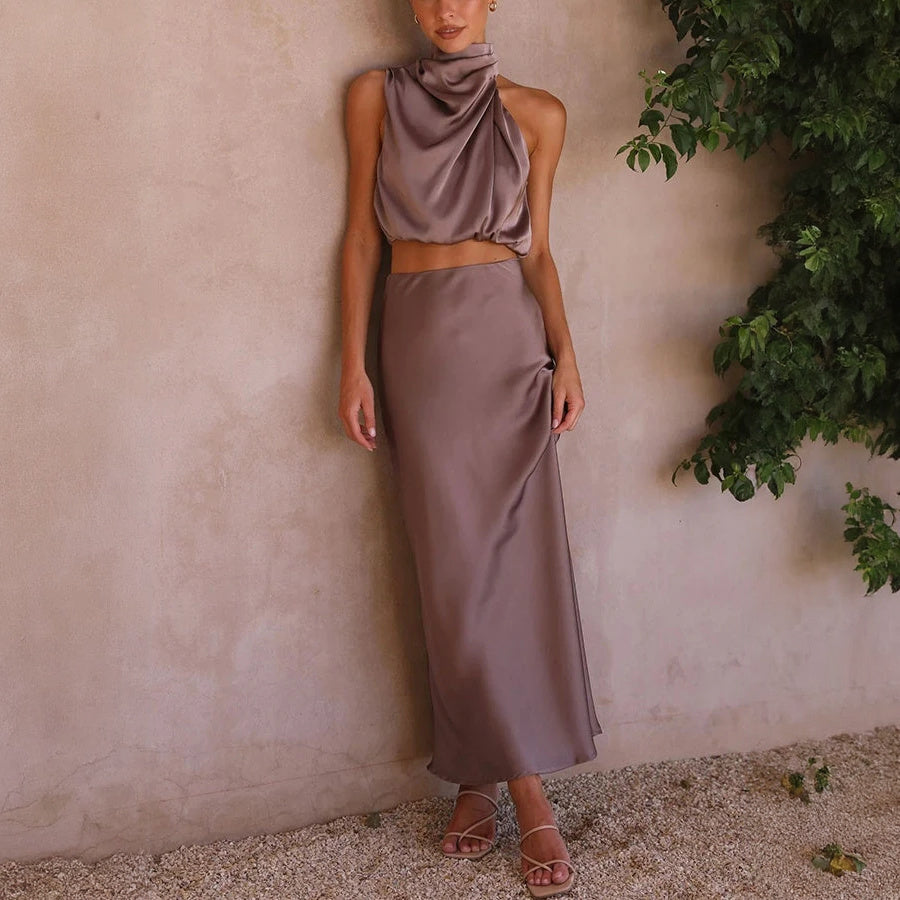 Halter Top Maxi Dress Set - Satin Finish
