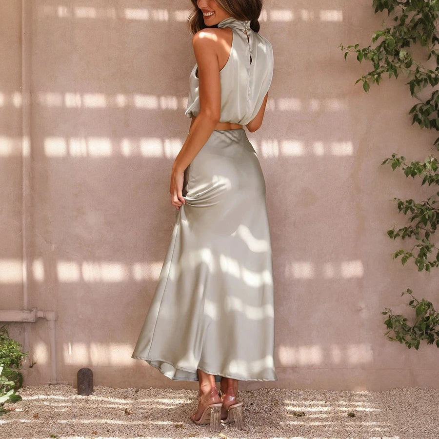 Halter Top Maxi Dress Set - Satin Finish